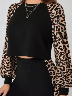 Women's Fashion Streetwear Daily Sweatshirt Chinos Long Sleeve Crew Neck Leopard Print Casual Daily Black Fall Regular Fit