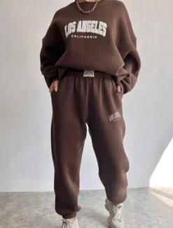 Women's Fashion Streetwear Daily Sweatshirt Sweatpants Long Sleeve Crew Neck Letter Print Casual Daily Blue Brown Beige Fall Regular Fit