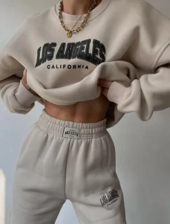 Women's Fashion Streetwear Daily Sweatshirt Sweatpants Long Sleeve Crew Neck Letter Print Casual Daily Blue Brown Beige Fall Regular Fit