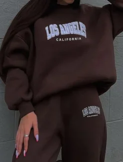 Women's Fashion Streetwear Daily Sweatshirt Sweatpants Long Sleeve Crew Neck Letter Print Casual Daily Blue Brown Beige Fall Regular Fit