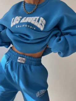 Women's Fashion Streetwear Daily Sweatshirt Sweatpants Long Sleeve Crew Neck Letter Print Casual Daily Blue Brown Beige Fall Regular Fit