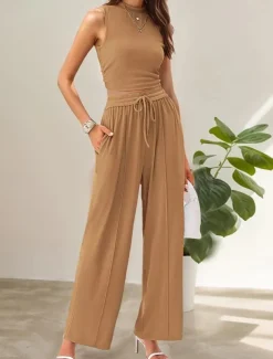 Women's Fashion Streetwear Daily Pants Sets Sleeveless Crew Neck Solid Color Drawstring Casual Daily Blue Orange Brown Summer Regular Fit
