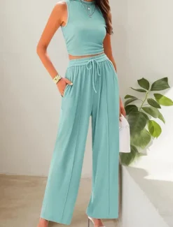 Women's Fashion Streetwear Daily Pants Sets Sleeveless Crew Neck Solid Color Drawstring Casual Daily Blue Orange Brown Summer Regular Fit