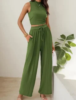 Women's Fashion Streetwear Daily Pants Sets Sleeveless Crew Neck Solid Color Drawstring Casual Daily Blue Orange Brown Summer Regular Fit