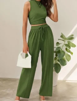 Women's Fashion Streetwear Daily Pants Sets Sleeveless Crew Neck Solid Color Drawstring Casual Daily Blue Orange Brown Summer Regular Fit