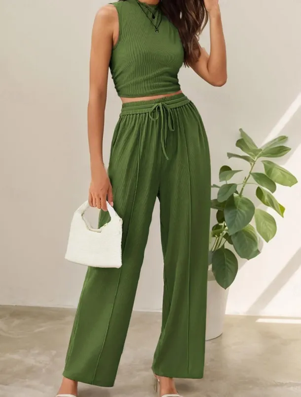 Women's Fashion Streetwear Daily Pants Sets Sleeveless Crew Neck Solid Color Drawstring Casual Daily Blue Orange Brown Summer Regular Fit