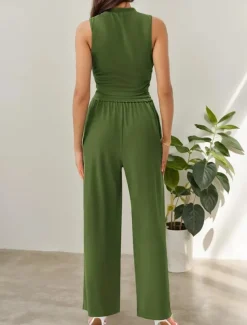 Women's Fashion Streetwear Daily Pants Sets Sleeveless Crew Neck Solid Color Drawstring Casual Daily Blue Orange Brown Summer Regular Fit