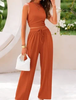Women's Fashion Streetwear Daily Pants Sets Sleeveless Crew Neck Solid Color Drawstring Casual Daily Blue Orange Brown Summer Regular Fit