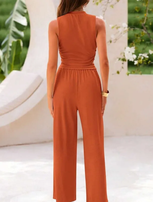 Women's Fashion Streetwear Daily Pants Sets Sleeveless Crew Neck Solid Color Drawstring Casual Daily Blue Orange Brown Summer Regular Fit