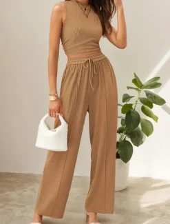 Women's Fashion Streetwear Daily Pants Sets Sleeveless Crew Neck Solid Color Drawstring Casual Daily Blue Orange Brown Summer Regular Fit