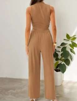 Women's Fashion Streetwear Daily Pants Sets Sleeveless Crew Neck Solid Color Drawstring Casual Daily Blue Orange Brown Summer Regular Fit