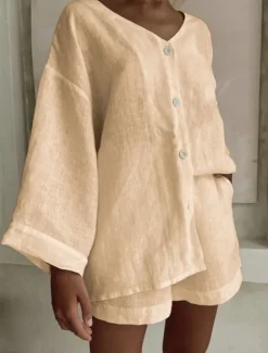 Women's Fashion Streetwear Daily Shirt Linen-Inspired Sets Two Piece Sets Baggy Shorts Long Sleeve V Neck Plain Casual Daily Black White Blue Summer Regular Fit