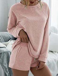 Women's Fashion Streetwear Daily Shorts Sets Long Sleeve Crew Neck Plain Drawstring Casual Daily Black Pink Royal Blue Summer Loose Fit