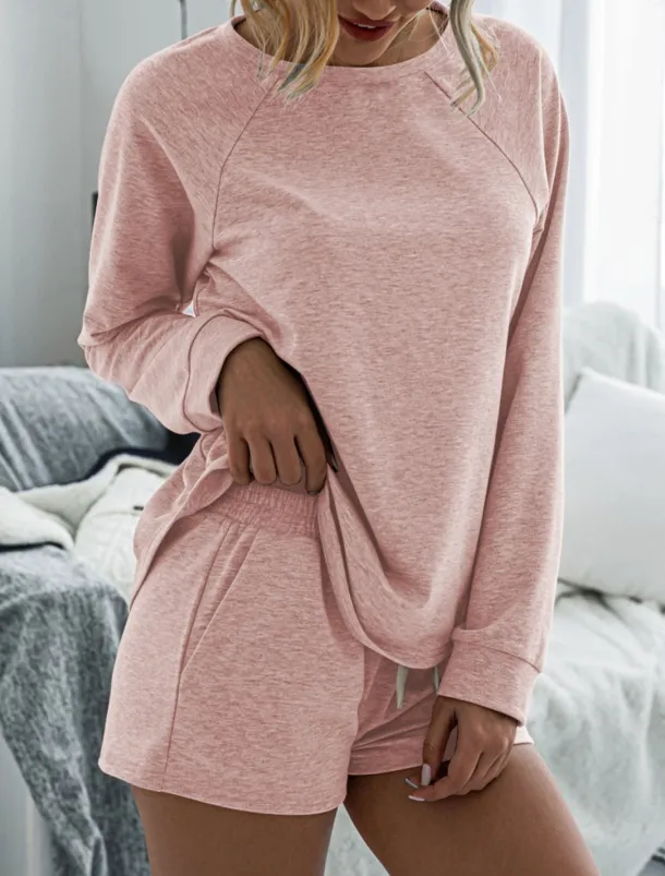 Women's Fashion Streetwear Daily Shorts Sets Long Sleeve Crew Neck Plain Drawstring Casual Daily Black Pink Royal Blue Summer Loose Fit