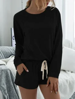 Women's Fashion Streetwear Daily Shorts Sets Long Sleeve Crew Neck Plain Drawstring Casual Daily Black Pink Royal Blue Summer Loose Fit