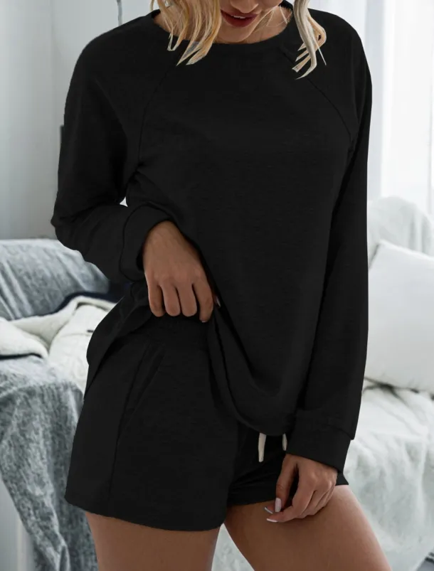 Women's Fashion Streetwear Daily Shorts Sets Long Sleeve Crew Neck Plain Drawstring Casual Daily Black Pink Royal Blue Summer Loose Fit
