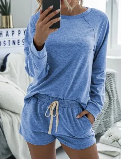 Women's Fashion Streetwear Daily Shorts Sets Long Sleeve Crew Neck Plain Drawstring Casual Daily Black Pink Royal Blue Summer Loose Fit