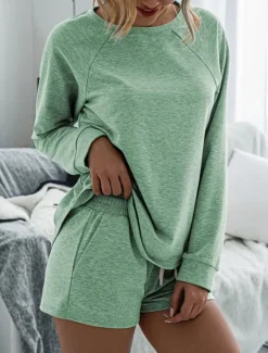 Women's Fashion Streetwear Daily Shorts Sets Long Sleeve Crew Neck Plain Drawstring Casual Daily Black Pink Royal Blue Summer Loose Fit