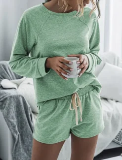 Women's Fashion Streetwear Daily Shorts Sets Long Sleeve Crew Neck Plain Drawstring Casual Daily Black Pink Royal Blue Summer Loose Fit