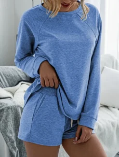 Women's Fashion Streetwear Daily Shorts Sets Long Sleeve Crew Neck Plain Drawstring Casual Daily Black Pink Royal Blue Summer Loose Fit