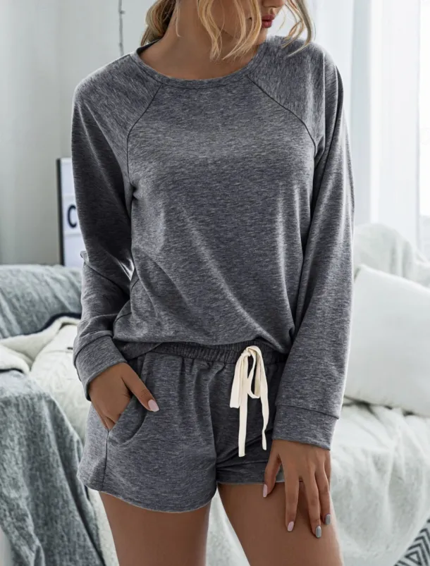 Women's Fashion Streetwear Daily Shorts Sets Long Sleeve Crew Neck Plain Drawstring Casual Daily Black Pink Royal Blue Summer Loose Fit