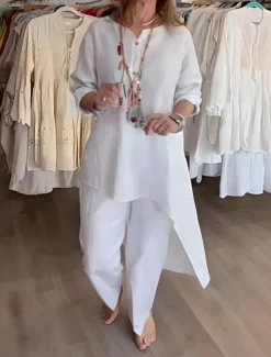 Women's Fashion Streetwear Daily Shirt Cotton Linen Sets Two Piece Sets Wide Leg Pants Long Sleeve V Neck Plain Casual Daily Black White Blue Summer Regular Fit