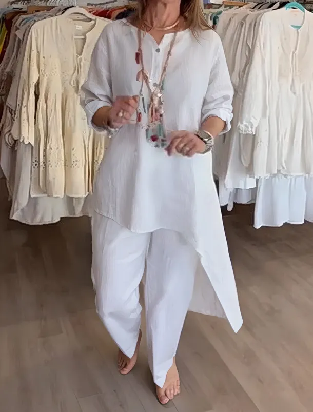 Women's Fashion Streetwear Daily Shirt Cotton Linen Sets Two Piece Sets Wide Leg Pants Long Sleeve V Neck Plain Casual Daily Black White Blue Summer Regular Fit