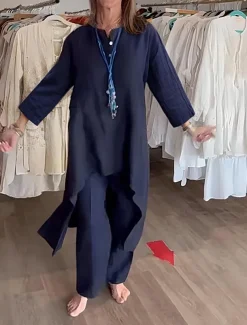 Women's Fashion Streetwear Daily Shirt Cotton Linen Sets Two Piece Sets Wide Leg Pants Long Sleeve V Neck Plain Casual Daily Black White Blue Summer Regular Fit