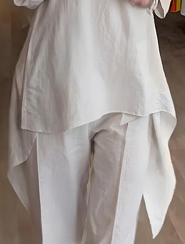 Women's Fashion Streetwear Daily Shirt Cotton Linen Sets Two Piece Sets Wide Leg Pants Long Sleeve V Neck Plain Casual Daily Black White Blue Summer Regular Fit