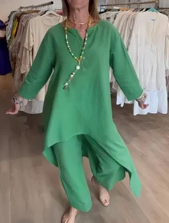 Women's Fashion Streetwear Daily Shirt Cotton Linen Sets Two Piece Sets Wide Leg Pants Long Sleeve V Neck Plain Casual Daily Black White Blue Summer Regular Fit