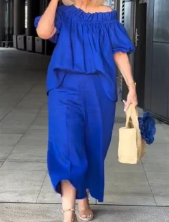 Women's Fashion Streetwear Daily Shirt Linen-Inspired Sets Two Piece Sets Chinos 3/4 Length Sleeve Off Shoulder Plain Ruffle Casual Daily White Blue Fuchsia Spring & Fall Regular Fit