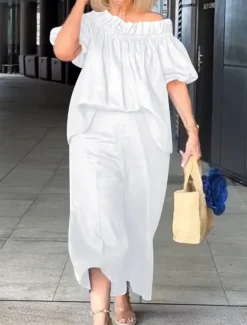 Women's Fashion Streetwear Daily Shirt Linen-Inspired Sets Two Piece Sets Chinos 3/4 Length Sleeve Off Shoulder Plain Ruffle Casual Daily White Blue Fuchsia Spring & Fall Regular Fit
