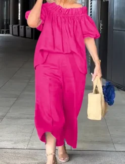 Women's Fashion Streetwear Daily Shirt Linen-Inspired Sets Two Piece Sets Chinos 3/4 Length Sleeve Off Shoulder Plain Ruffle Casual Daily White Blue Fuchsia Spring & Fall Regular Fit