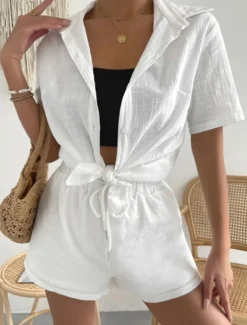Women's Fashion Streetwear Shirt Linen-Inspired Sets Two Piece Sets Below Knee Length Shorts Short Sleeve Shirt Collar Solid Color Drawstring Daily Wear Date White Green Khaki Summer Regular Fit