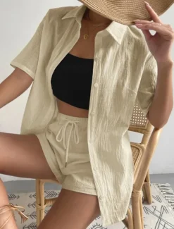 Women's Fashion Streetwear Shirt Linen-Inspired Sets Two Piece Sets Below Knee Length Shorts Short Sleeve Shirt Collar Solid Color Drawstring Daily Wear Date White Green Khaki Summer Regular Fit