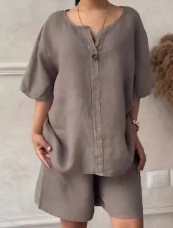 Women's Fashion Streetwear Shirt Linen-Inspired Sets Two Piece Sets Baggy Shorts Short Sleeve Crew Neck Solid Color Patchwork Formal Party Work Red Royal Blue Khaki Spring Loose Fit