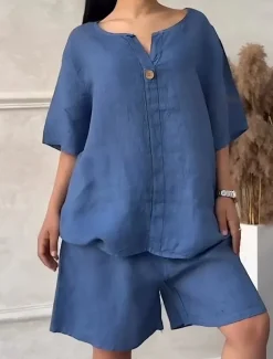 Women's Fashion Streetwear Shirt Linen-Inspired Sets Two Piece Sets Baggy Shorts Short Sleeve Crew Neck Solid Color Patchwork Formal Party Work Red Royal Blue Khaki Spring Loose Fit