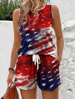 Women's Fashion Streetwear Daily Shorts Sets Sleeveless Round Neck Graphic Print Casual Daily Wine Red Navy Blue Summer Regular Fit