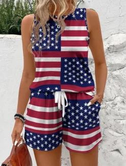 Women's Fashion Streetwear Daily Shorts Sets Sleeveless Round Neck Graphic Print Casual Daily Wine Red Navy Blue Summer Regular Fit