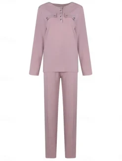 Women's Fashion Streetwear Daily Blouse Chinos Long Sleeve Crew Neck Plain Casual Daily Pink Brown Fall Regular Fit