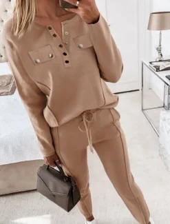 Women's Fashion Streetwear Daily Blouse Chinos Long Sleeve Crew Neck Plain Casual Daily Pink Brown Fall Regular Fit