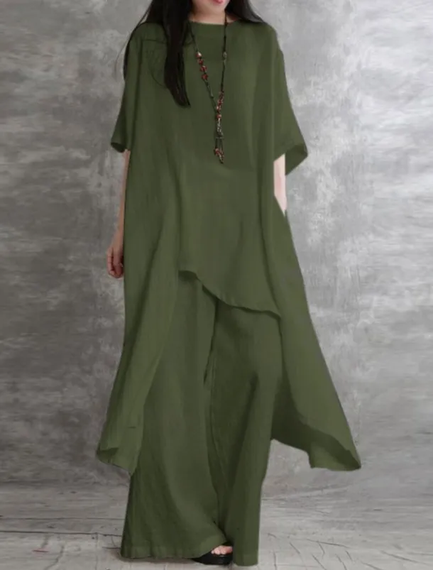 Women's Fashion Streetwear Daily Shirt Linen-Inspired Sets Two Piece Sets Wide Leg Pants 3/4 Length Sleeve Crew Neck Plain Casual Daily Black White Army Green Spring & Fall Regular Fit