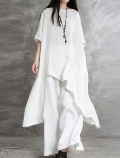 Women's Fashion Streetwear Daily Shirt Linen-Inspired Sets Two Piece Sets Wide Leg Pants 3/4 Length Sleeve Crew Neck Plain Casual Daily Black White Army Green Spring & Fall Regular Fit