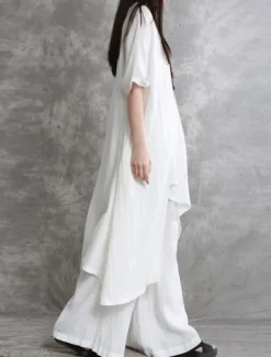 Women's Fashion Streetwear Daily Shirt Linen-Inspired Sets Two Piece Sets Wide Leg Pants 3/4 Length Sleeve Crew Neck Plain Casual Daily Black White Army Green Spring & Fall Regular Fit