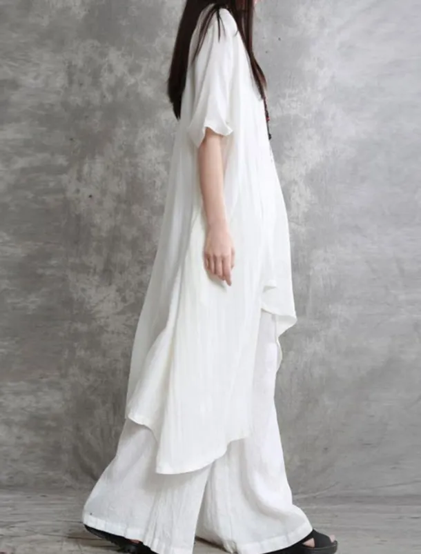 Women's Fashion Streetwear Daily Shirt Linen-Inspired Sets Two Piece Sets Wide Leg Pants 3/4 Length Sleeve Crew Neck Plain Casual Daily Black White Army Green Spring & Fall Regular Fit