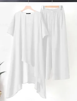 Women's Fashion Streetwear Daily Shirt Linen-Inspired Sets Two Piece Sets Wide Leg Pants 3/4 Length Sleeve Crew Neck Plain Casual Daily Black White Army Green Spring & Fall Regular Fit