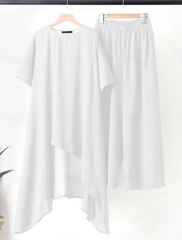 Women's Fashion Streetwear Daily Shirt Linen-Inspired Sets Two Piece Sets Wide Leg Pants 3/4 Length Sleeve Crew Neck Plain Casual Daily Black White Army Green Spring & Fall Regular Fit