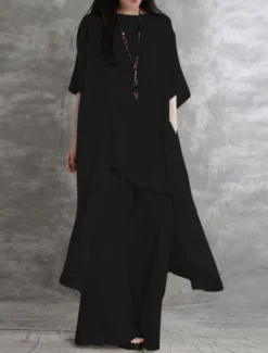 Women's Fashion Streetwear Daily Shirt Linen-Inspired Sets Two Piece Sets Wide Leg Pants 3/4 Length Sleeve Crew Neck Plain Casual Daily Black White Army Green Spring & Fall Regular Fit