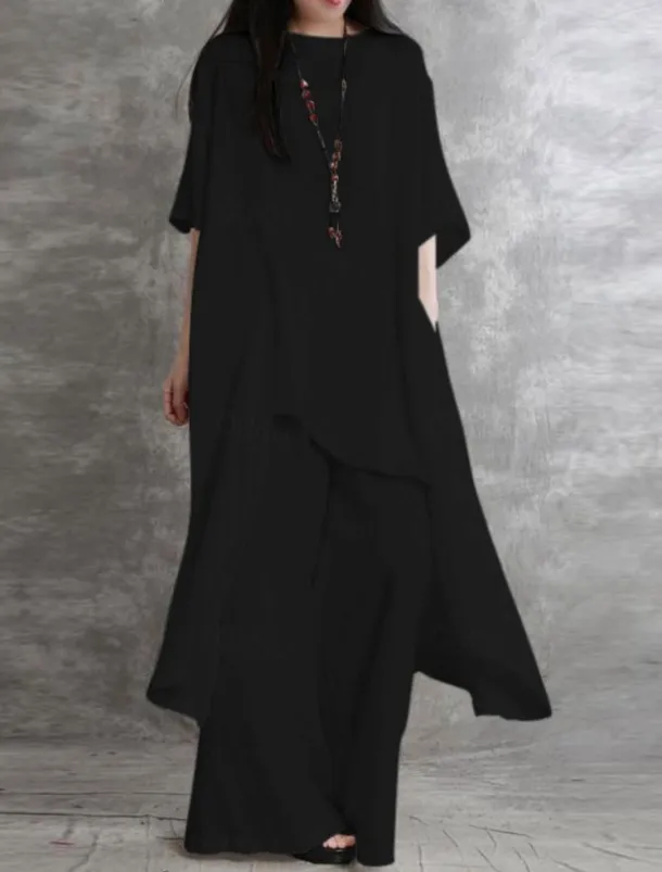 Women's Fashion Streetwear Daily Shirt Linen-Inspired Sets Two Piece Sets Wide Leg Pants 3/4 Length Sleeve Crew Neck Plain Casual Daily Black White Army Green Spring & Fall Regular Fit