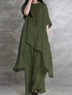 Women's Fashion Streetwear Daily Shirt Linen-Inspired Sets Two Piece Sets Wide Leg Pants 3/4 Length Sleeve Crew Neck Plain Casual Daily Black White Army Green Spring & Fall Regular Fit